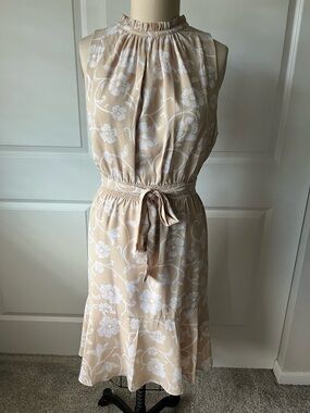 Ann Taylor Beige and White Floral Sleeveless Tie-Waist Midi Dress